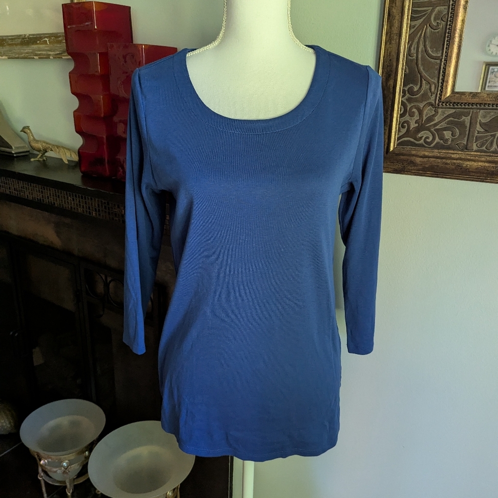 J.Jill Women's Small Pima 3/4 Sleeve Scoop Neck T-shirt Blue Minimalist Basic 89